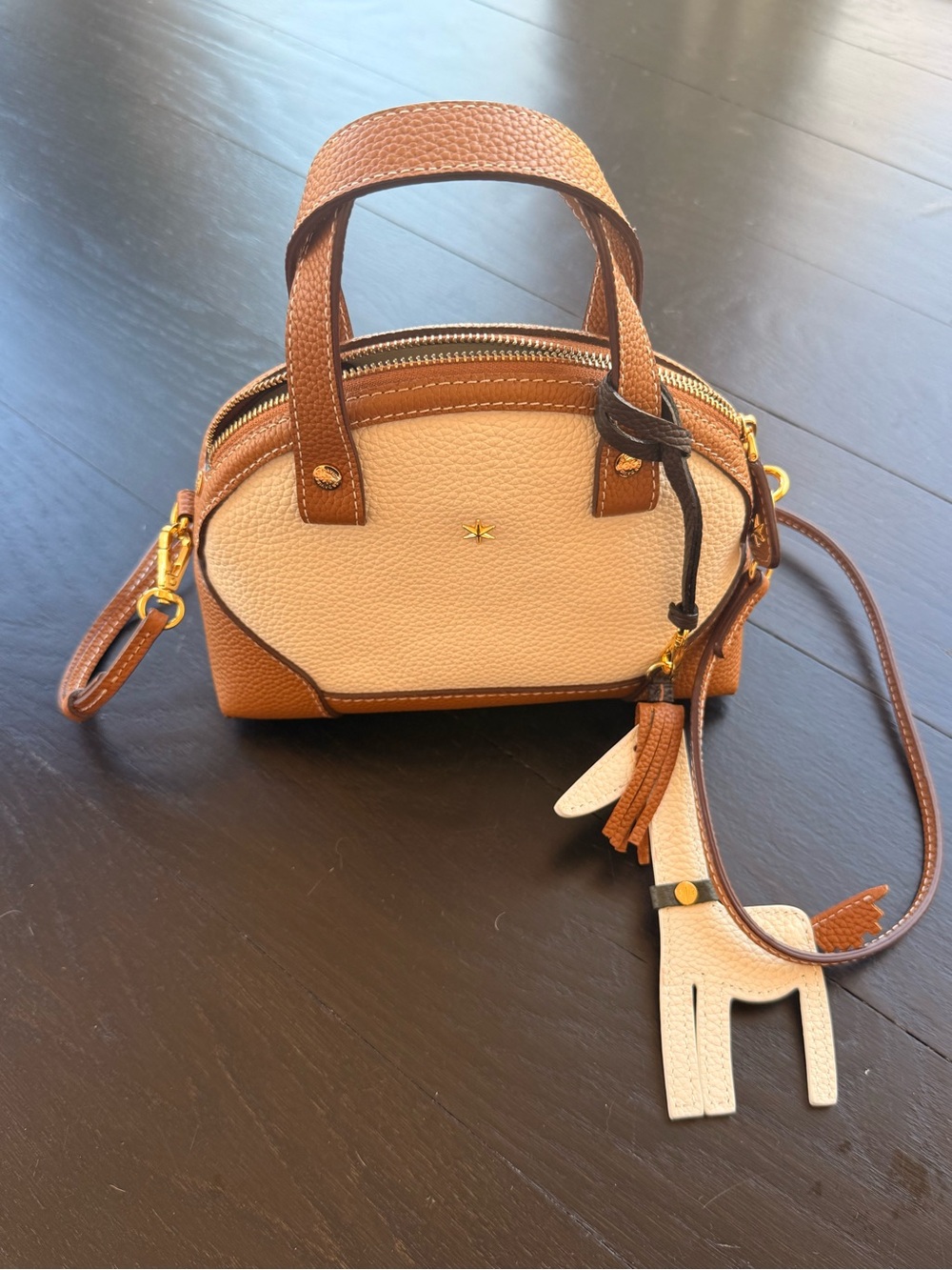 Two-Tone Tan and Cream Crossbody Satchel with Gold Accents
